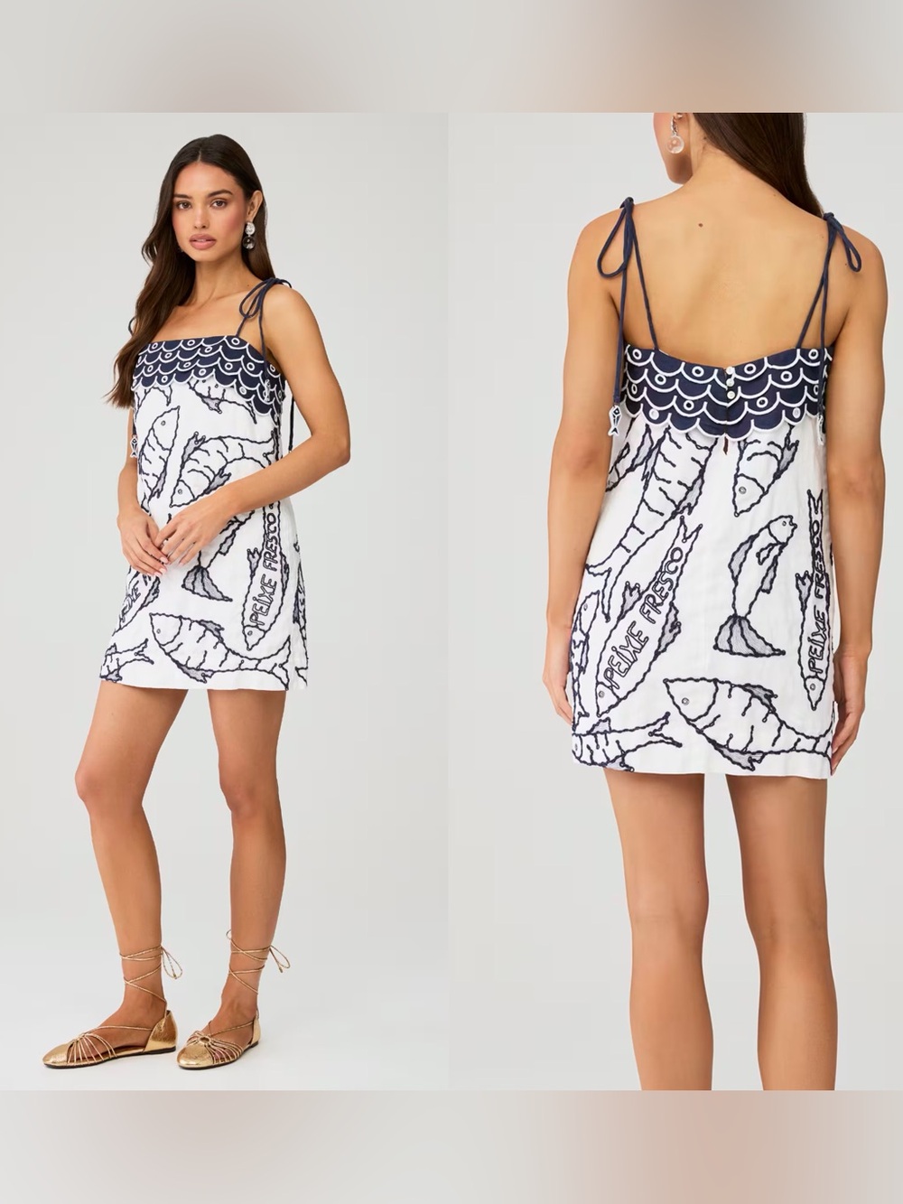 Farm Rio Fresh Fish Off White and Navy Mini Dress